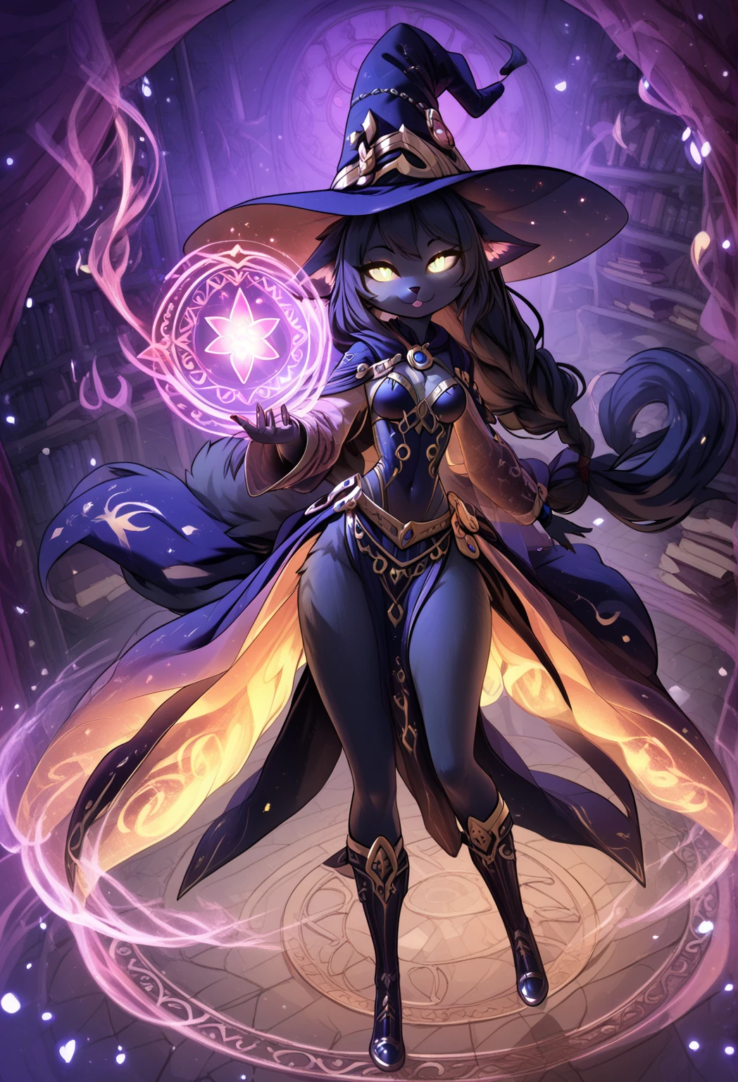 intricate, masterpiece, best quality, 1girl, vivid colors, magic robe, witch hat, laces, forest, outdoors, magic staff, magic particles, very detailed, dark setting, night time,