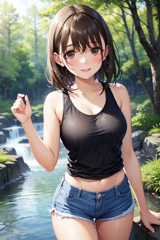 1girl, from below, smile, pretty, black hair, cowboy shot, (buruma:1.8), (Pink T-shirt), Bamboo leaf, Tanabata, milky way, Strip, (Blunt bangs:1.4), (VEGA), (Sweaty:1.6), (Wet Hair:1.4)