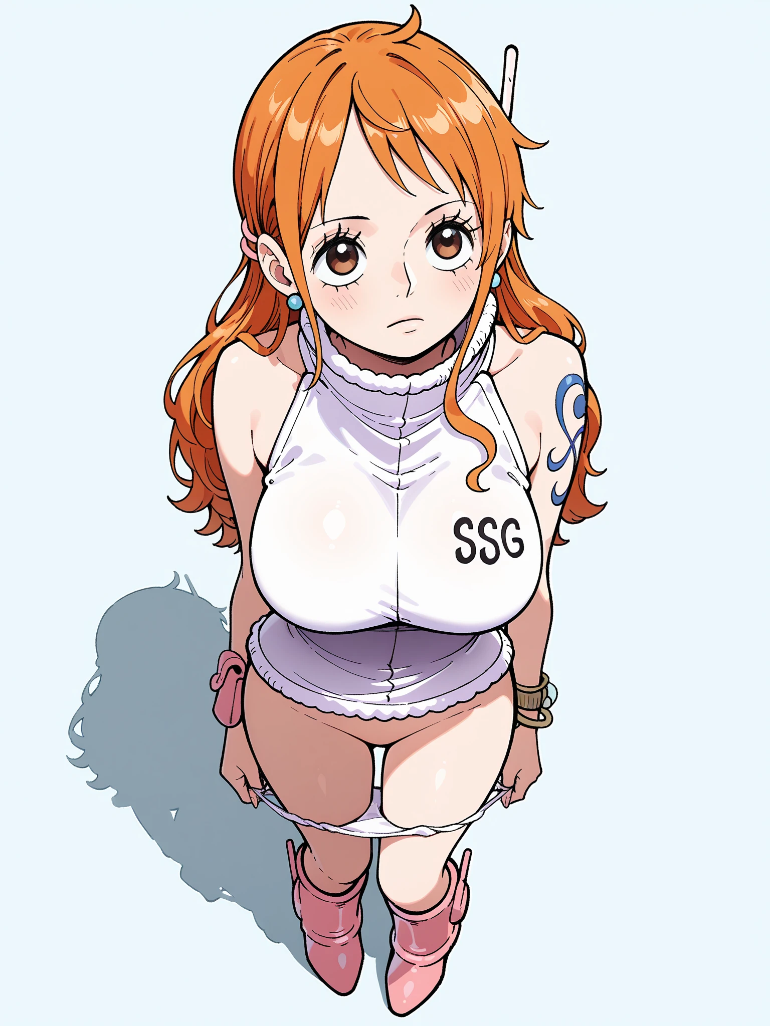Nami from One Piece, long orange hair tied in a ponytail, beautiful brown eyes, rosy cheeks, wearing an almost nude transparent bikini, enjoying a beautiful sunny day on the beach. The art style should resemble a charming anime style.
Regarding image quality, please prioritize rendering (best quality, 4k, 8k, high resolution, masterpiece:1.2), super detail and rendering (realistic, photorealistic, photorealistic :1.37). To enhance your images, add HDR, UHD, studio lighting, super smooth drawing, sharp focus, physically based rendering, ultra-detailed rendering, professional, vivid colors and bokeh effects .
Capturing the essence of Nami's adventurous spirit and picturesque beach setting, be sure to emphasize the vibrant colors and warm sunlight in the artwork. The lighting must create a soft, dreamy atmosphere that enhances Nami's beauty.
Disclaimer: This prompt may contain NSFW elements due to mentions of bikinis. Make sure it complies with your guidelines and requirements.
Remember not to add any explanations or sentence fragments to the prompt. Provide the Steady Diffusion prompt directly without adding any prefixes or punctuation.