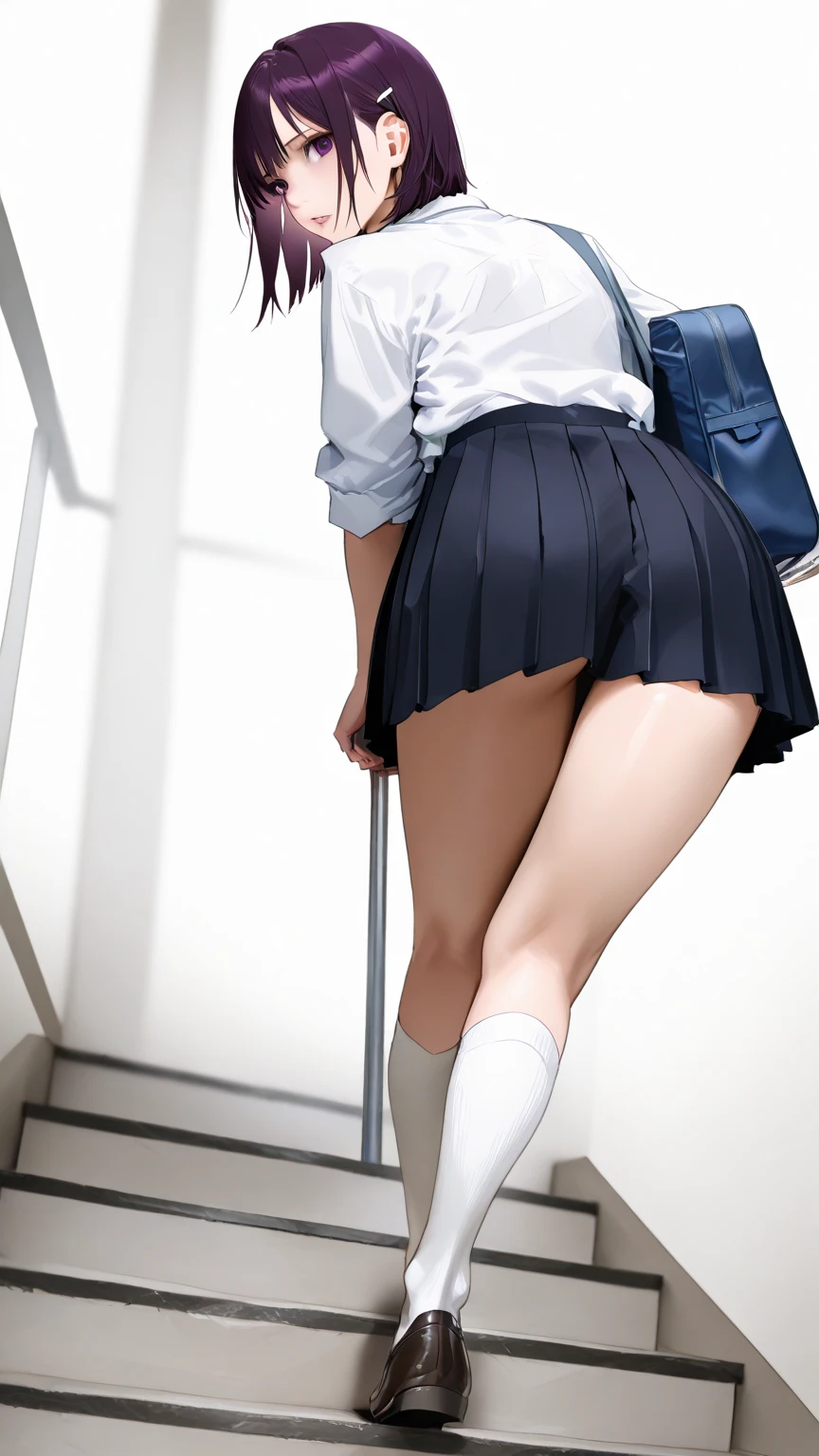 ((highest quality)), ((masterpiece)), (High resolution), 8K, best shadow, The best natural light, cinematic, woman climbing stairs、20-year-old, (brown hair、twin tails)、Looking back, bashful、navy blazer、Navy check skirt、(dark blue socks)、((Rear view))、Angle from directly below the rear, ((View from directly below))、dark blue socksのクローズアップ、Manga panel layout、cartoon style、Manga Design、station stairs、on the way to school, A skirt that flips in the wind, Stylish white panties hidden under a skirt, slender body,beautiful thighs, embarrassed expression