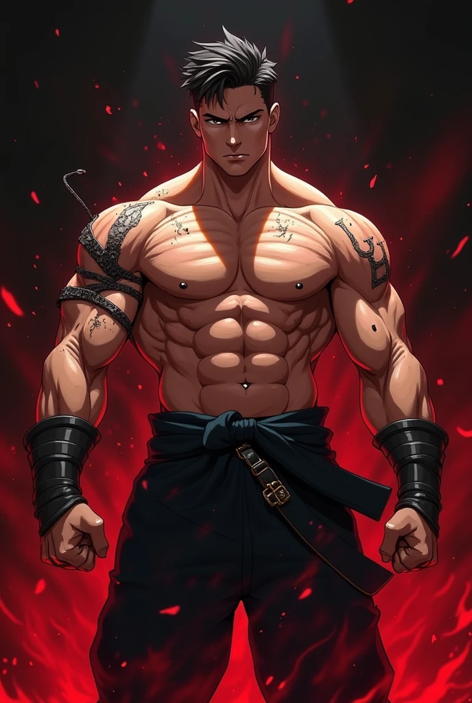 A demon from the anime Chainsaw Man, It has a hybrid hammer head, Warhammer Head, he has a gray muscular body, wearing no shirt, fully body, black hands, and look fierce, Human lips, bonitas, handsome, simple background.