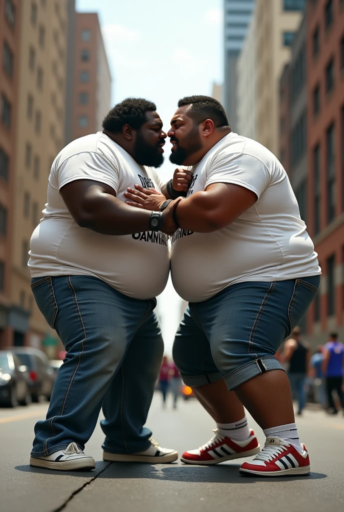 A scene where two extremely obese men fight in a secluded forest wearing only tight shorts and bare feet.. These men are of similar height and weight., They have very thick thighs and forearms., His stomach is so bulging that it is difficult to walk.. They&#39;re fighting, pointing their fists at each other, Capturing the moment they hit each other in the face at the same time 