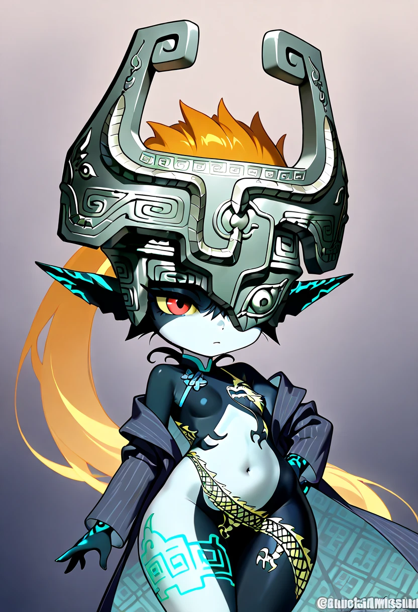 (masterpiece, best quality:1.2), <lora:tloz_midna-10:1>, solo, 1girl, midnaimp, grin, looking at viewer, hands on hips, helmet, colored sclera, yellow sclera, one eye covered