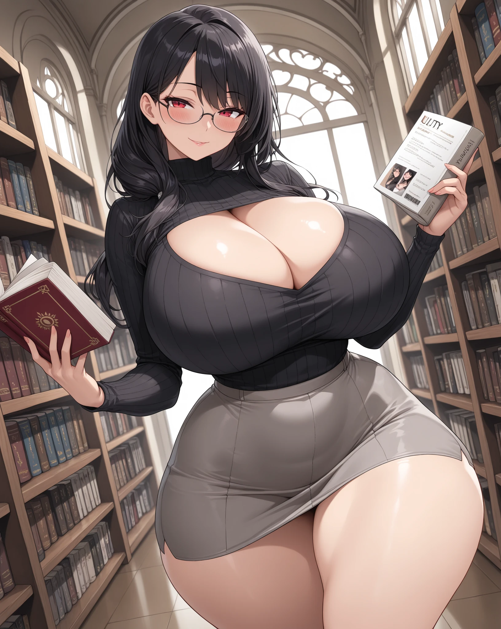 1girl stunnin, very beautiful face, gothic core, cottage core, sexy, shorts, heavy legs and thigs, petite lace bustier, on huge tits, ample hips, toned thighs, blonde, ponytail, waith skin, in book store, intricate details, full body, hyper resolution