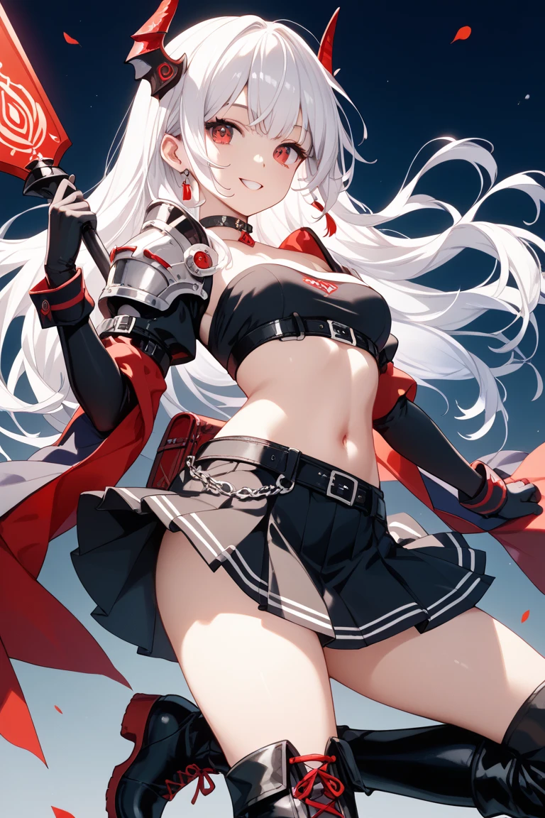one person、Dull silver hair、long hair、red eyes、white clothes、Describe the whole body、、Stinking eyes、Ahoge、black hot pants、hide one's mouth with a high collar、Moe sleeves、slit、milk of normal size,、Big red sword
