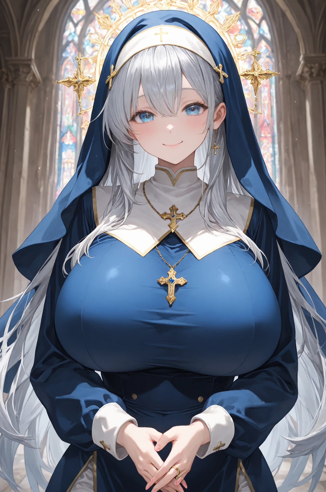 1Women, mature, blue hair, blue eyes, realistic, sidelighting, wallpaper, big tits, (nun), church, landscape, doggy style position, nipples