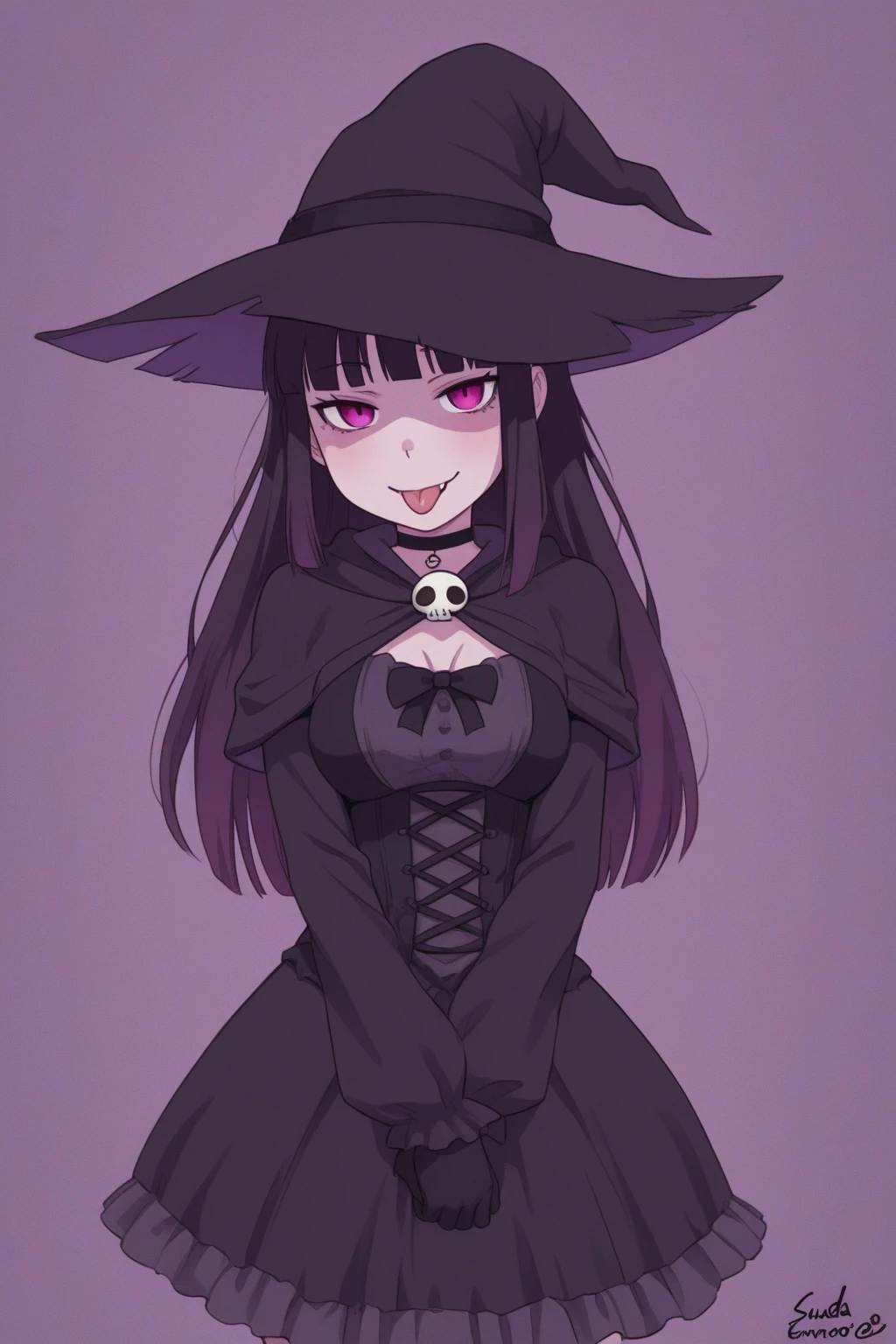 (high quality, 8k, 4K, high contrast, artwork:1.2, high quality, best aesthetics), ((1 woman)), erotic, sensual, mature body, super detailed, beautiful face detailed, beautiful eyes detailed, detailed beautiful mouth, sexy body, perfect breats, perfect wide thighs, (long straight dark purple hair), (dark purple eyes), (calm expression), (penetrating gaze), (looking at the viewer), (black lipstick), (black eyeliner), (black eyeshadow), (slightly blushed), (dark purple dress with long sleeves and medium ruffled skirt), (dark purple witch hat), (long dark purple thigh-high socks), (standing), (centered)