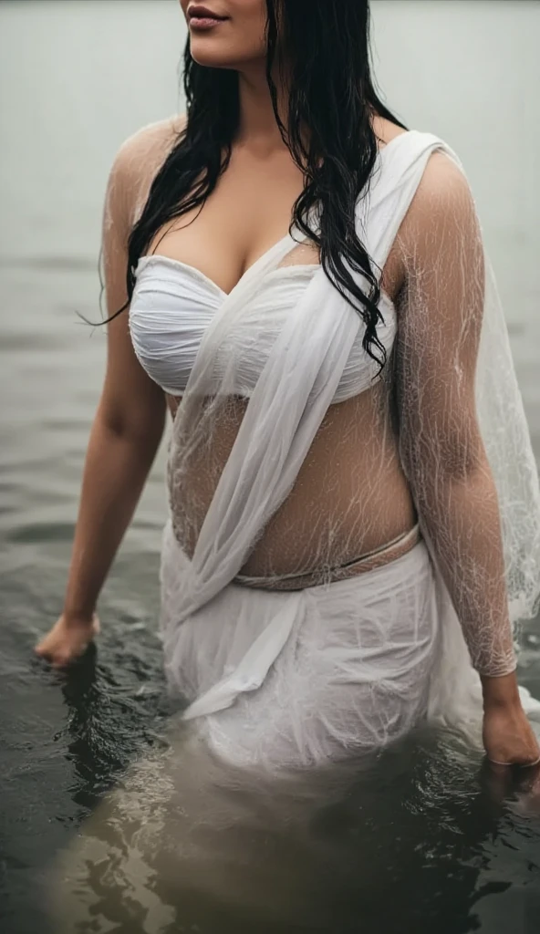 Wet white saree wet body