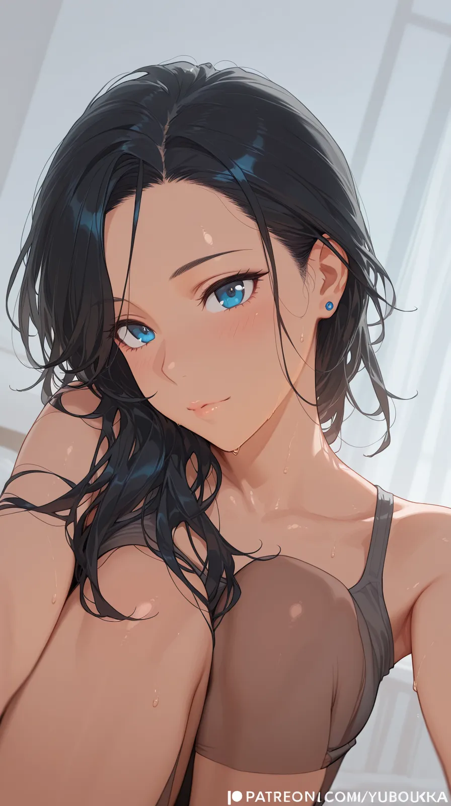 (score_9,score_8_up,score_7_up,score_6_up),masterpiece,best quality, source anime, rating_explicit, (((masterpiece))), (((best quality))), ((ultra-detailed)), ((illustration)), (1girl), (beautiful Japanese woman), (long black hair), (blue eyes), (simple background), (wearing traditional kimono), (detailed face), (perfect anatomy), (detailed light and shadow), (serene expression), (minimalist style),(cleavage:1.1),((shy smile)), (eyeshadow:0.8), digital collaring, (Sun glare;1.2), Bokeh, Depth of written boundary, Blurred Background, Particles of light, Strong winds, glossy skin, spotlight, natural right, (iridescent light:1.5), wearing black bra, (glowing:1.5)