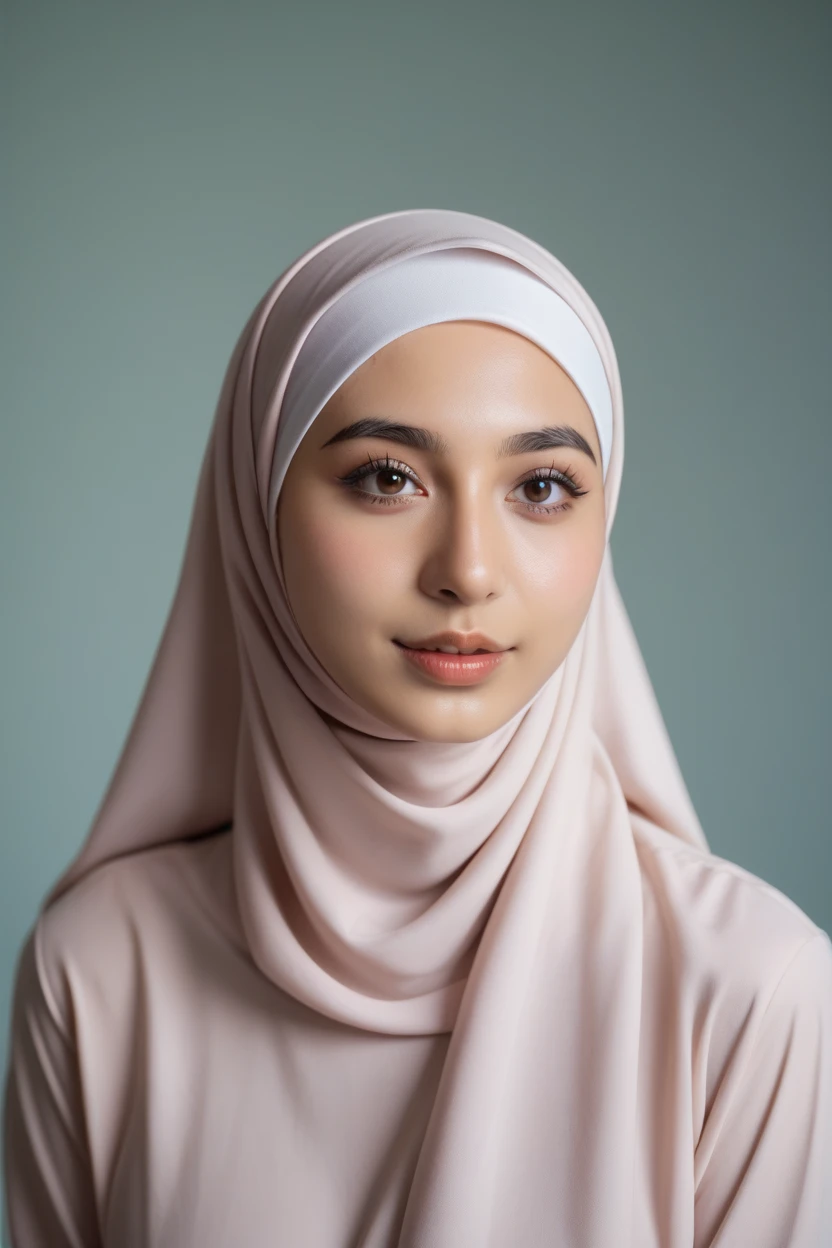 Realistic photo,wearing dress and long hijab, look from side, hyperrealistic, masterpiece, sweet ekspresion, melancholy , closeup photo, bright eyes, lips, detailed makeup, detailed eyes cornea, wearing hijab no hair looks, blush pink cheek
