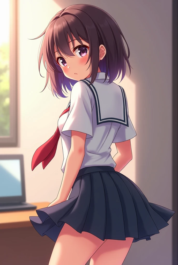 cowboy shot,thin legs,standing,(young girl:1.0),(tiny girl:1.0),(skinny girl:0.8),front shot,small breast,long twin tails,black hair,pink panty,navy colored sailor uniform, navy colored skirt,white knee socks,burst out skirt,up skirt,panty shot,from below,ground level shot,12yo girl,just below shot