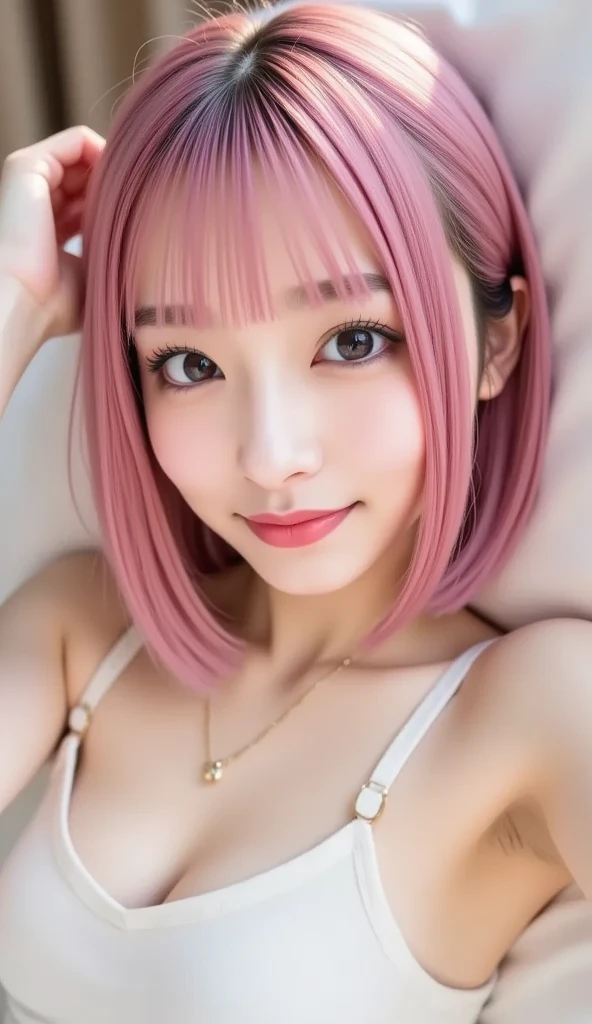 ((bestquality, 10, masterpiece :1.3)), 1girls, Beautiful woman who emphasizes a slim stomach: 1.3,Wearing a bright pink shirt (bright pink hairstyle, Small breasts: 1.2), casual outfit: 1.2, interior, Ultra-detailed face, delicate eyes, 二重まぶた, Soft breasts, smile, exposed cleavage