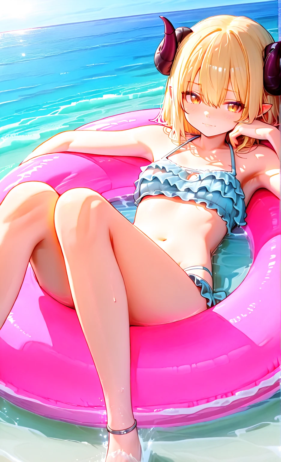 a GIRL in a white tank top on a beach chair with sunglasses on, 1girl, swimsuit, bikini, tan, tanlines, solo, blush, micro bikini, , navel, lying, on back, one-piece tan, arm up, blonde hair, armpits, spread legs, sweat, red eyes, looking at viewer, closed mouth,Ichigo Hoshimiya (Aikatsu!),sitting, squating, looking down, look at the viewer, from below