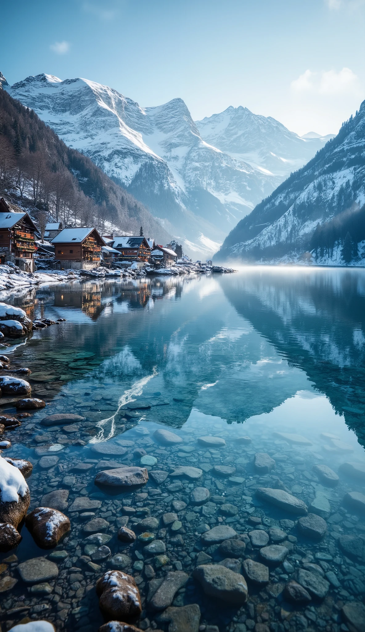 A wide shot of the winter village of Hallstatt, Austria. Snow-covered Alpine huts stand on the shore of a transparent, sparkling, crystal-clear lake. The water is completely transparent, revealing the white lakebed. The mirror-like reflection of the snowy Alps shimmers on the glass-like surface. A thin winter mist hovers over the lake in a soft blue twilight. A cold, cinematic tone, soft natural lighting, photorealistic style, ultra-sharp details, and a still camera.
