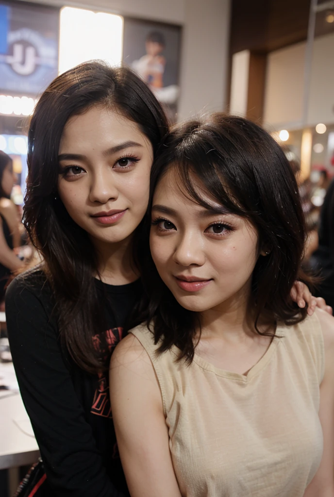 ((BUN HAIRSTYLE)), realisitic、(top-quality), matured malay women、Realistic 20 year old dark skin malay face girl, dark skin、wife, mother, (((beautiful )))、Cleavage is fully 、 、kitchen、messy kitchen, (( in ))、((Colossal tits:1.4)) 、((Very small face))、,Professional bright lighting、Leans forward heavily、Face kissing、erotick、((Chibi girl in ))、Pale blue loose blouse、gym shorts, ((seduce face)), smile