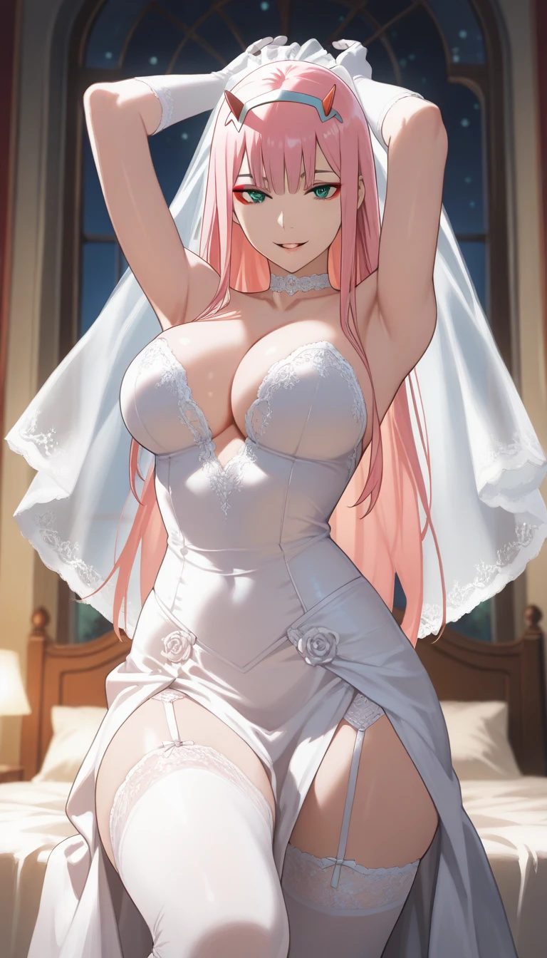 lala satalin deviluke, 1girl, solo, long hair, breasts, looking at viewer, blush, smile, bangs, large breasts, dress, cleavage, hair between eyes, jewelry, closed mouth, green eyes, standing, collarbone, pink hair, ahoge, shiny, indoors, white dress, shiny hair, see-through, strapless, covered navel, veil, wedding dress, skirt hold, anklet, long dress, bridal veil