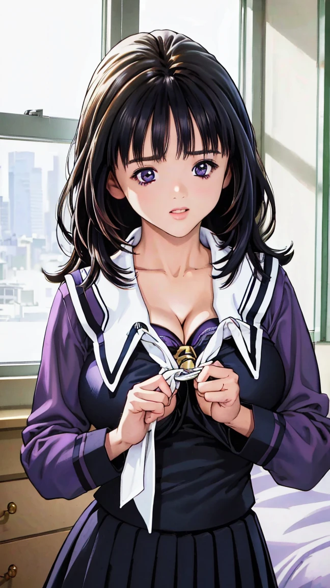 (high resolution),(high resolution),(High definition),(8K), 1girl, yoshizuki_iori、School_uniform_Purple_shirt_Blue_skirt_White_neckerchief_Black_thighhighs、In the high school classroom, lying floor, spread legs, shirts lift, show bra, white cotton bra, 