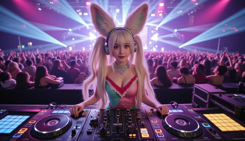 Marshmello character, rave girl, long blonde hair, glowing eyes, dynamic pose, mesmerizing smile, colorful face paint, heart-shaped sunglasses, vibrant rave attire, neon crop top, reflective shorts, fishnet stockings, high-heeled boots, glowing accessories, glittery bracelets, energetic dance moves, surrounded by cheering crowd, pulsating stage lights, booming speakers, outdoor venue, Ultra Music Festival, electrifying atmosphere, breathtaking fireworks, best quality, 8k resolution, UHD clarity, vivid colors, photo-realistic rendering, stunning details, artistically immersive, energetic EDM music, high-energy performance, unforgettable experience.