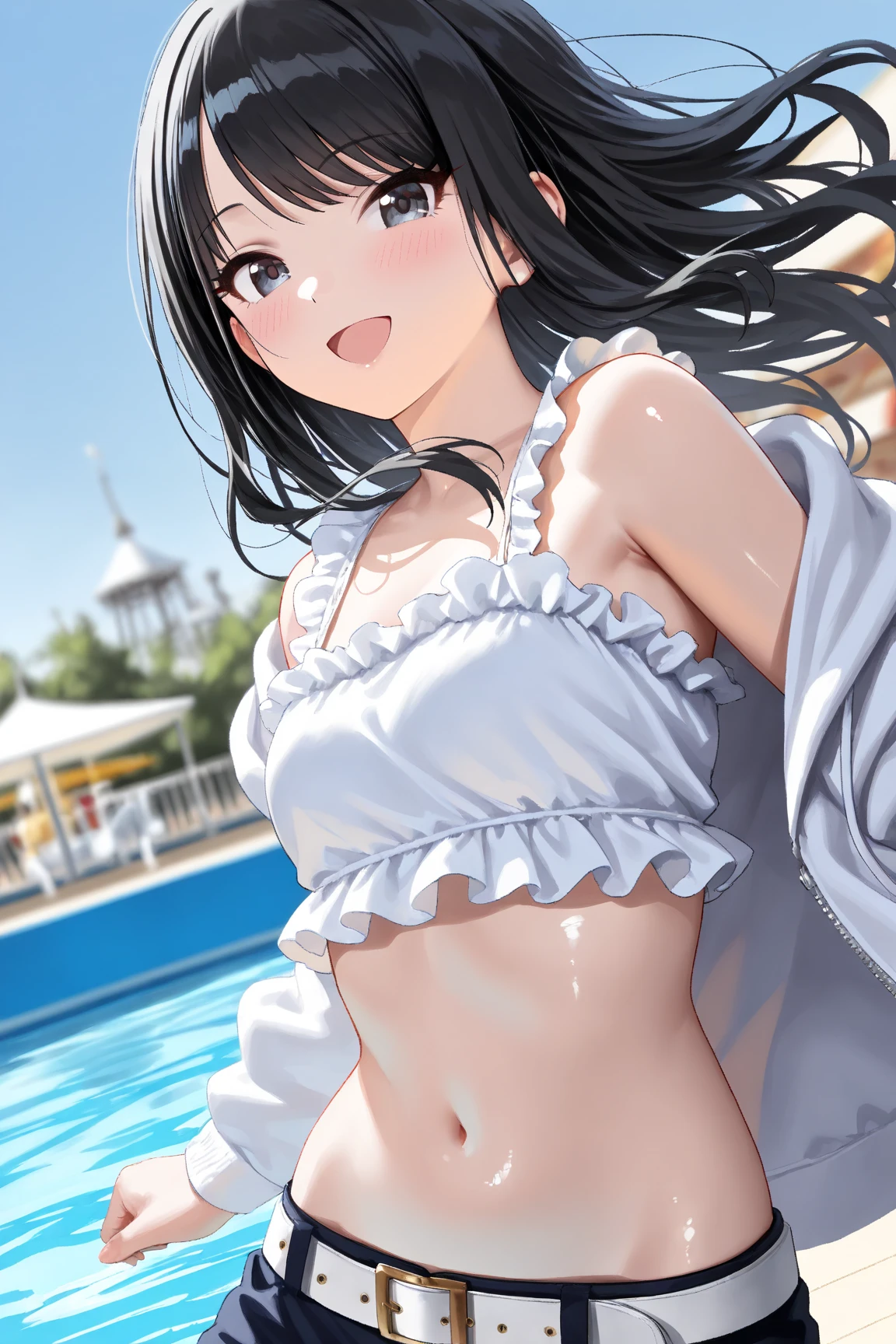 (official art、highest quality、Unity 8K 壁紙、32K、masterpiece、Super detailed、超A high resolution、realistic、Photoreal:1.2)、(natural soft light:1.2)、fire glow effect、film grain、best shadow、rim lighting、side light、side shot、(Highly detailed and complex 3D rendering)、詳細なbeautiful faceと目、sharp pupils、Real students、whole body, sandy beach、beautiful face、blurred background、11 year old beautiful girl、shiny skin、Beautiful wet black hair、I pulled up my wet shirt、pink miniskirt with wet pink checks、(thighs thighs:0.9)、barefoot、curve、dynamic pose、smile with open mouth、(beautiful breasts:0.9)、I can see white pants、(transparent nipples)、((On the beach on Oahu in midsummer))、((flat chest))