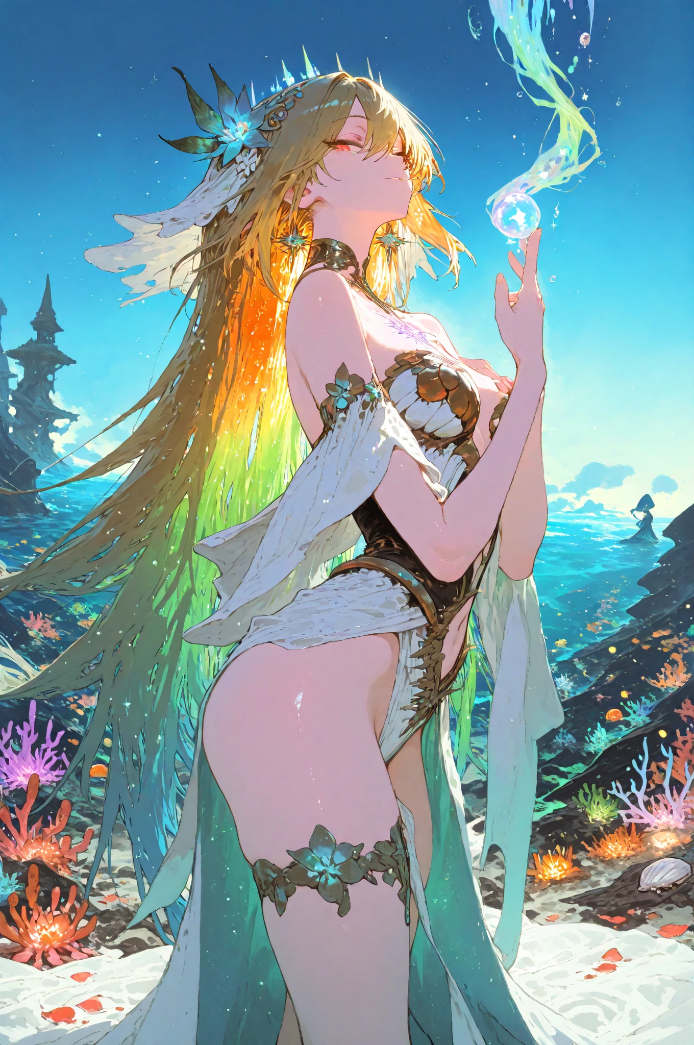Front view,Conceptual art of marine life, Undersea landscape, Marine life,Beautiful coral reefs come in different shapes, Fish, full body naked young woman animated fantasy illustration,focus on the seductive body and face,Long white hair completely naked woman in the sea, showing clear nipples and pussy,detailed clear face,show the nipple, Drift, Very harmonious. The whole painting adopts a messy and imaginative painting style. The colors are bright and saturated, And with smooth lines. The mystery and beauty of the ocean, The painting depicts an underwater world full of life and vitality, Animated art wallpaper 8 K
