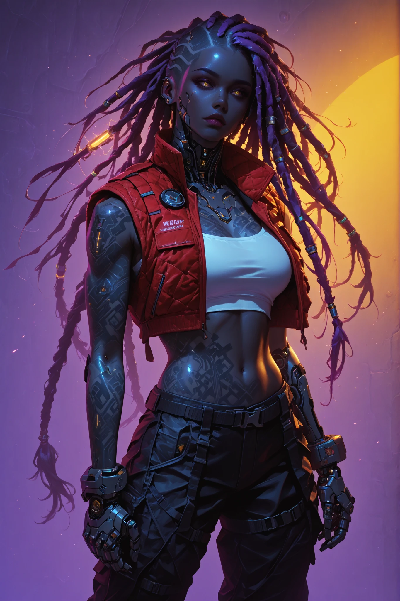 A futuristic, cyberpunk-style hyperrealistic digital artwork featuring a pale-skinned female character with long braided hair and dreadlocks and a sexy, tattooed body. The character, adorned with mechanical enhancements, wears a red vest over a low-cut white top and baggy pants. The background is a neon purple and yellow. The character's expression is dynamic. The artwork is highly detailed, with intricate textures and lighting effects that enhance the sci-fi atmosphere.

The poses are dynamic and sexy, and the angles in many poses are dynamic.
