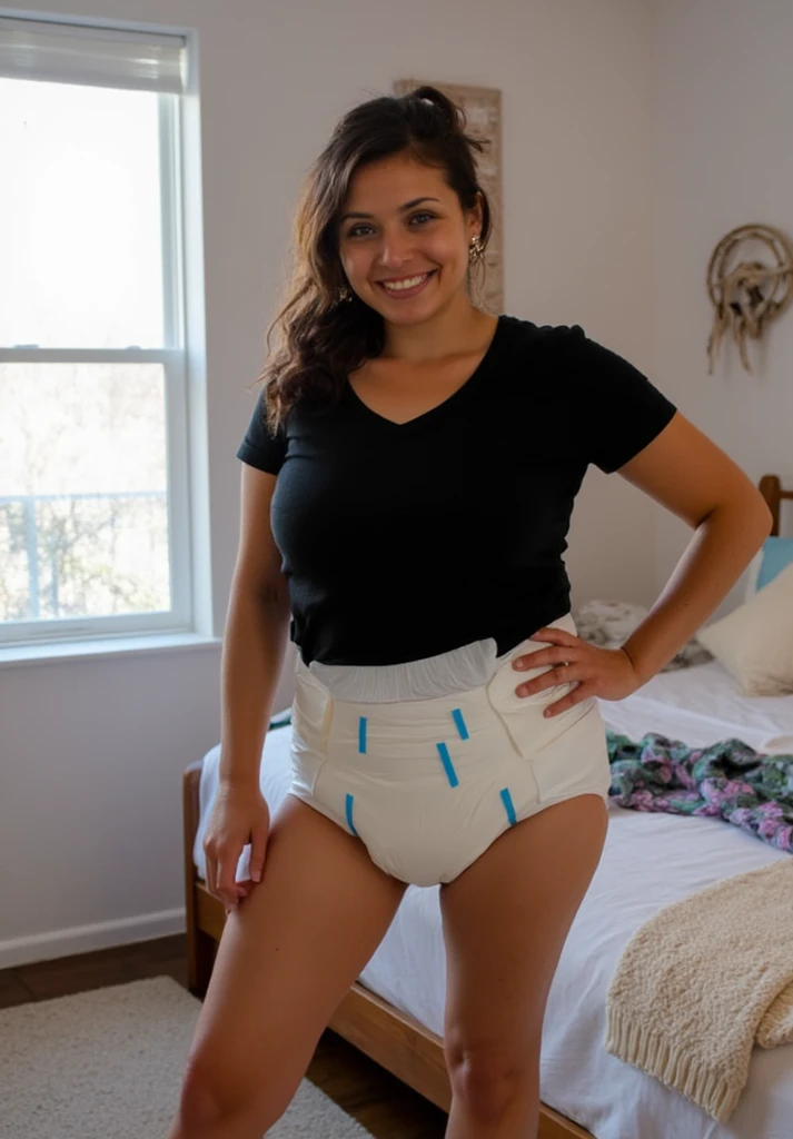 A girl, kneeling on the garden ground earth, ((full body visible)),
She is a beautiful, pretty, adorable, cute, young, teen.
She is slim, slender, , skinny, (flat chest), (tiny ), (small breasts).
She is sweating, wet, soaked. Clothes transparent, sweat on skin, wet hair.
She is grinning, smiling. She looks natural, relaxed, unpretentious.
She stares, looking at viewer.
She has a black ponytail.
She wears , a rolled-up white shirt with blue collar, a colored Corduroy sport bra under shirt, blue skirt, wearing two layers.
shirtlift, . (((She lifts up her skirt, showing off her diaper))).
Camera focused on her face, light on face, very large aperture, ((f/1.2)), shallow depth-of-field, strong background lens blur, ISO 3000, auto white balance,
Extremely detailed, professional lighting, soft light, raw photo, fashion model for uniqlo,
best quality, masterpiece, award-winning photography, huge filesize, 8k, highres,
shot on Sony DSLR. Happy smile, in bed, jungle, botanical garden, beach
