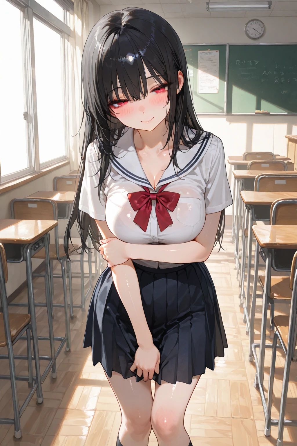 mastute piece,Best Quality,insanely detailed,8k cg,nsfw,
(shoot upper body:1.3),
(1girls:1.3),standing,looking at viewr,body in front,both arms behind back,(serafuku:1.3),(bare breasts),(bare nipples),
break,
blush,shy,(ecstasy face),(trembling:1.2),break,(light black hair:1.2),
break,
perfect breasts,perfect teats,(open mouth:0.9),(large breasts:1.2),
(class room)、