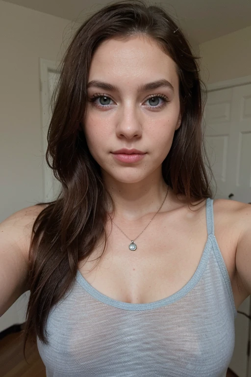 (Please generate an image of a young woman wearing a t shirt and a necklace. She has brown hair, big, blue eyes, and a subtle, natural makeup look. The selfie should show her without visible makeup, and she should be looking directly into the camera. The face should appear realistically natural. The full-body shot of this attractive woman should feature a striking pose, and she has piercing blue eyes. The girl has a sweet demeanor, and the pose should also be sweet. Please ensure that the entire body of the woman visible in the image. The background should be clear and uncluttered. The details of the image should be of high quality(best quality)), ((masterpiece)), (detailed), perfect face