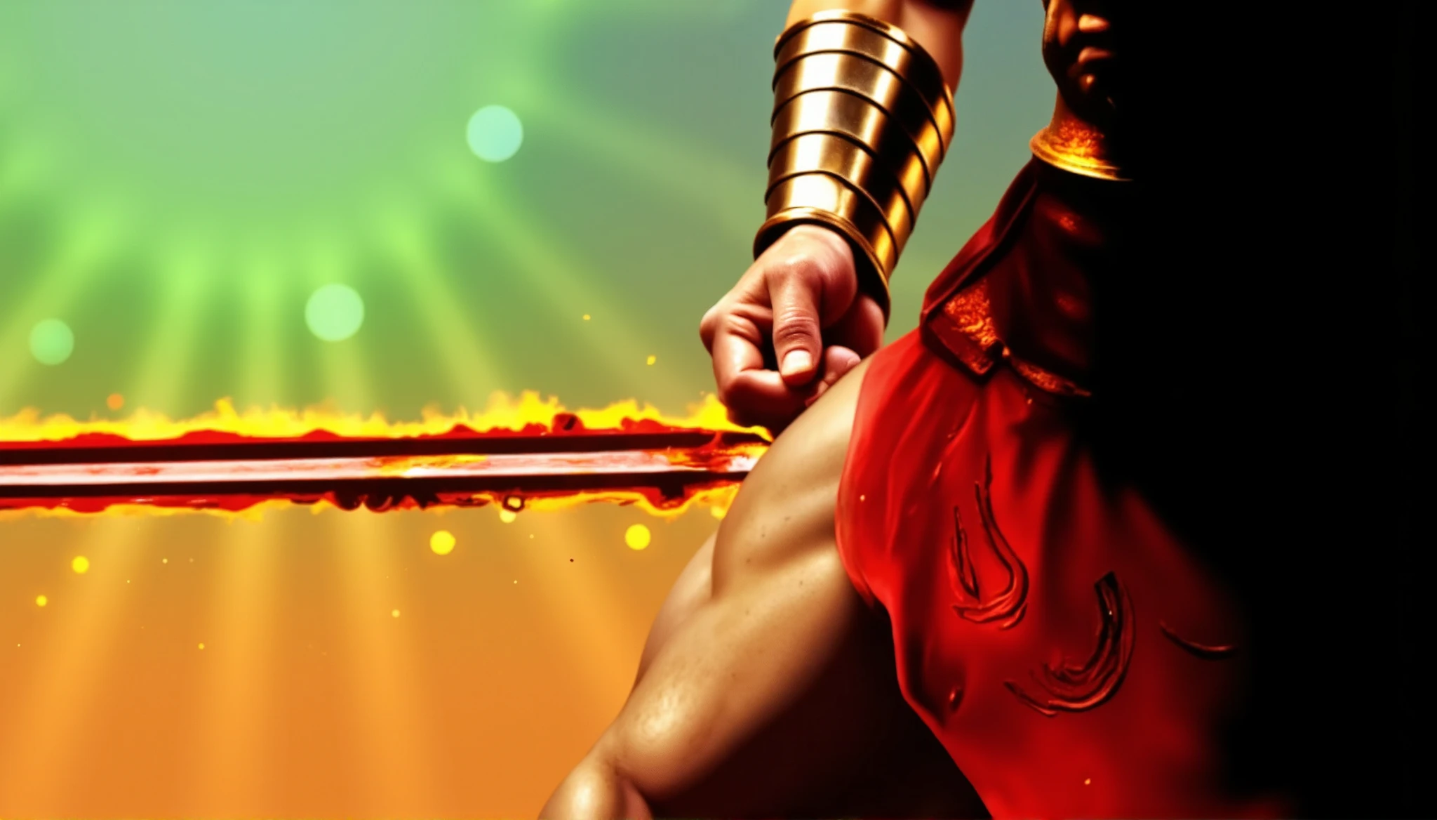 Hercules strikes Ares in the thigh with a red sword

Dramatic close-up of a sword strike striking the thigh of Ares, the god of war. The blade gleams with blood as it pierces his golden armor, tearing through divine muscles. An expression of surprise and pain appears on Ares's face, with flaming eyes and a furrowed brow. The blurred background is dark, enhancing the intensity of the moment. Realistic style, dramatic lighting, and vivid details of the wound and the texture of the skin and metal.

Ares wears scarlet armor.
The blade emanates a red flame.