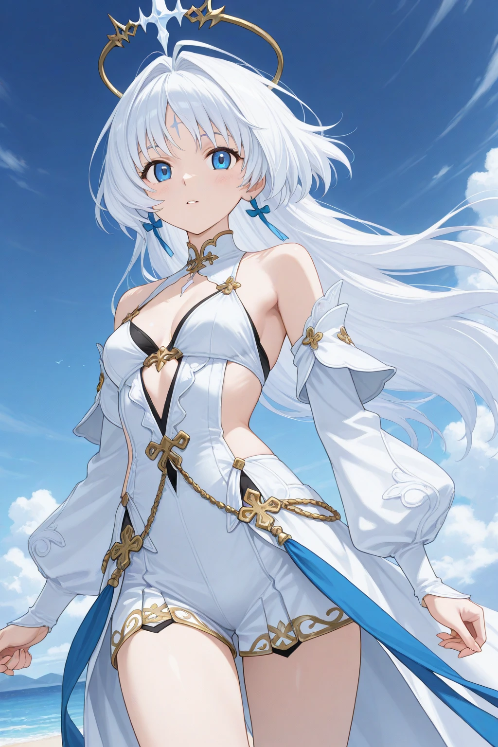 masterpiece, best quality, 1girl, <lora:tobiichi_origami_angel-000002:0.8>, tobiichi origami angel, blue eyes, solo, standing, crown, white hair, short hair, bangs, hair between eyes, white veil, looking at viewer, smile, bare shoulders, cleavage, small breasts, detached sleeves, elbow gloves, white bow, white bowtie, (white dress:1.2), white gloves, cowboy shot, white thighhighs, center opening,