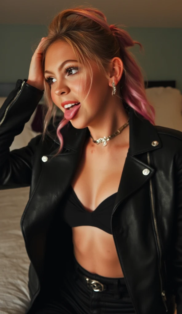 Beautiful Selena Gomez, tight black leather jacket, masterpiece, best quality, photorealistic, smile, sexy pose, large breasts, vibrant pink hair, beautiful makeup, seductive, slightly plump, silk leggings, cute face, red lipstick, silk bra