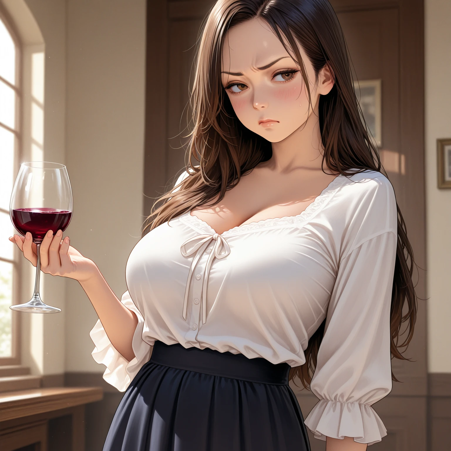 8k Digital Drawing of a brunette woman, athletic body, low-cut dress marking the curves of the body, holding a glass of wine, inside a large hall