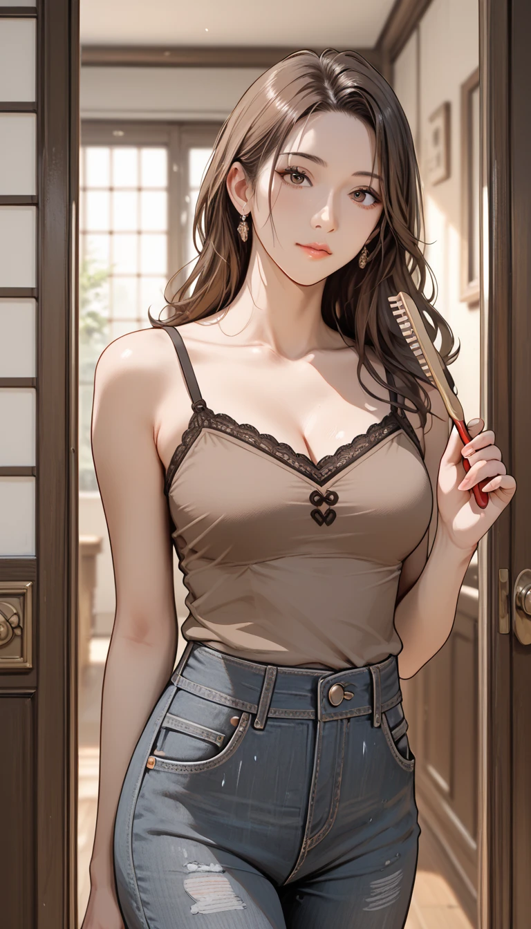 shukezouma, negative space, , shuimobysim , portrait of a woman standing, willow branches, (masterpiece, best quality:1.2), traditional chinese ink painting, modelshoot style, peaceful, (smile), looking at viewer, A girl in distressed white sleeveless top and distressed Low Rise Booty Denim Shorts, perfect body: 1.4, Slim abdomen: 1.2, gigantic breasts,