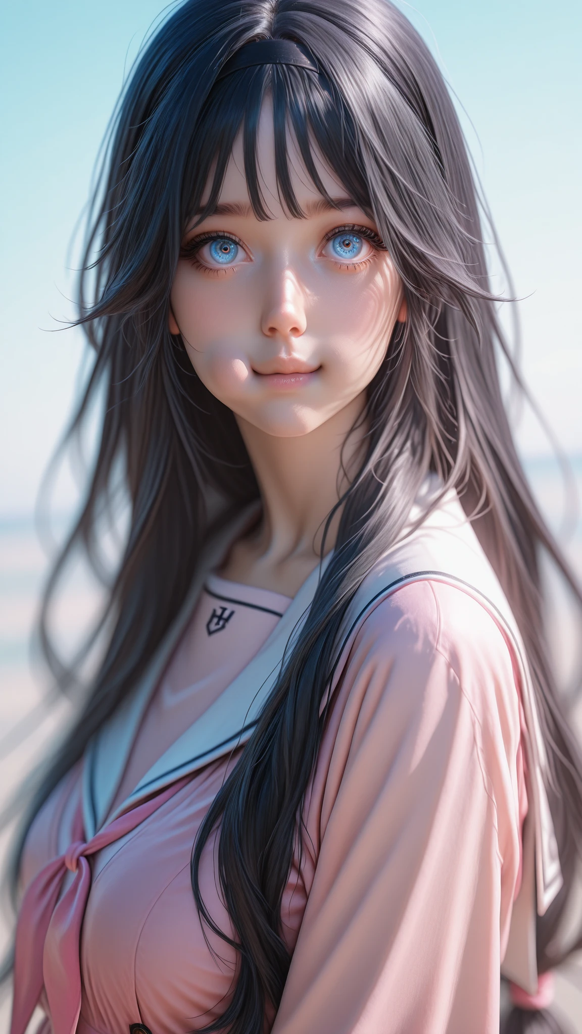 Kaoruko, black hair, long hair, blue eyes, black hairband, school uniform, pink dress, white sailor collar, serafuku,
1girl, solo, Hype4realistic, Realistic, Ultra-Realistic, looking at the viewer, wide eyes, half body, chewing, front view