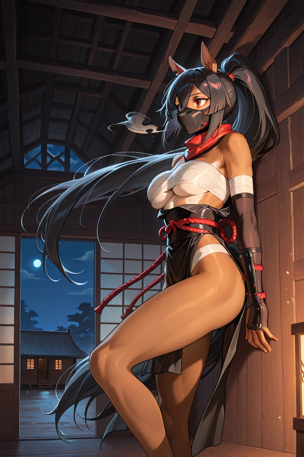 ninjartista eclipse lunar A Mata Facas cabelos loiros longos cabelo rabo de cavalo olhos amarelos Mulheres Bonitas roupa sensual (NSFW:1.0) young girl, pussy slip with medium breasts, tied up hair, tiny waist, very tiny nipples, serious look