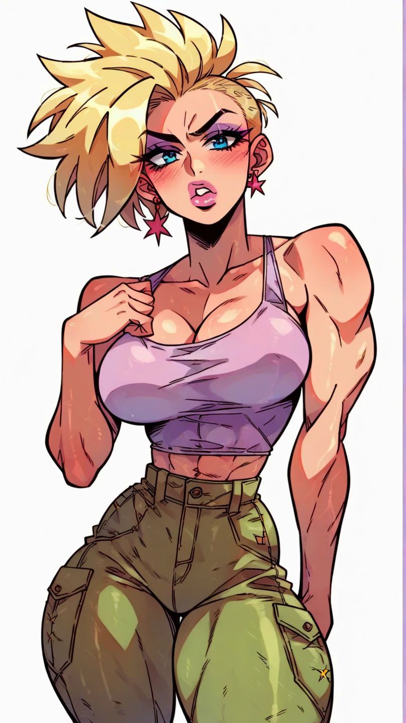 2heads, a short overweight woman with 2 heads. She has gigantic breasts. She is wearing a tight tank top. She is wearing baggy sweatpants. She is outside during a sunny day. She has big puffy pink hair in a big ponytail. She looks young. She is very short. She has a fat belly. She has strong muscular arms. She has enormous fat breasts. She has mature breasts. She is smiling. She has massive breasts. Deep cleavage. She has big defined lips.