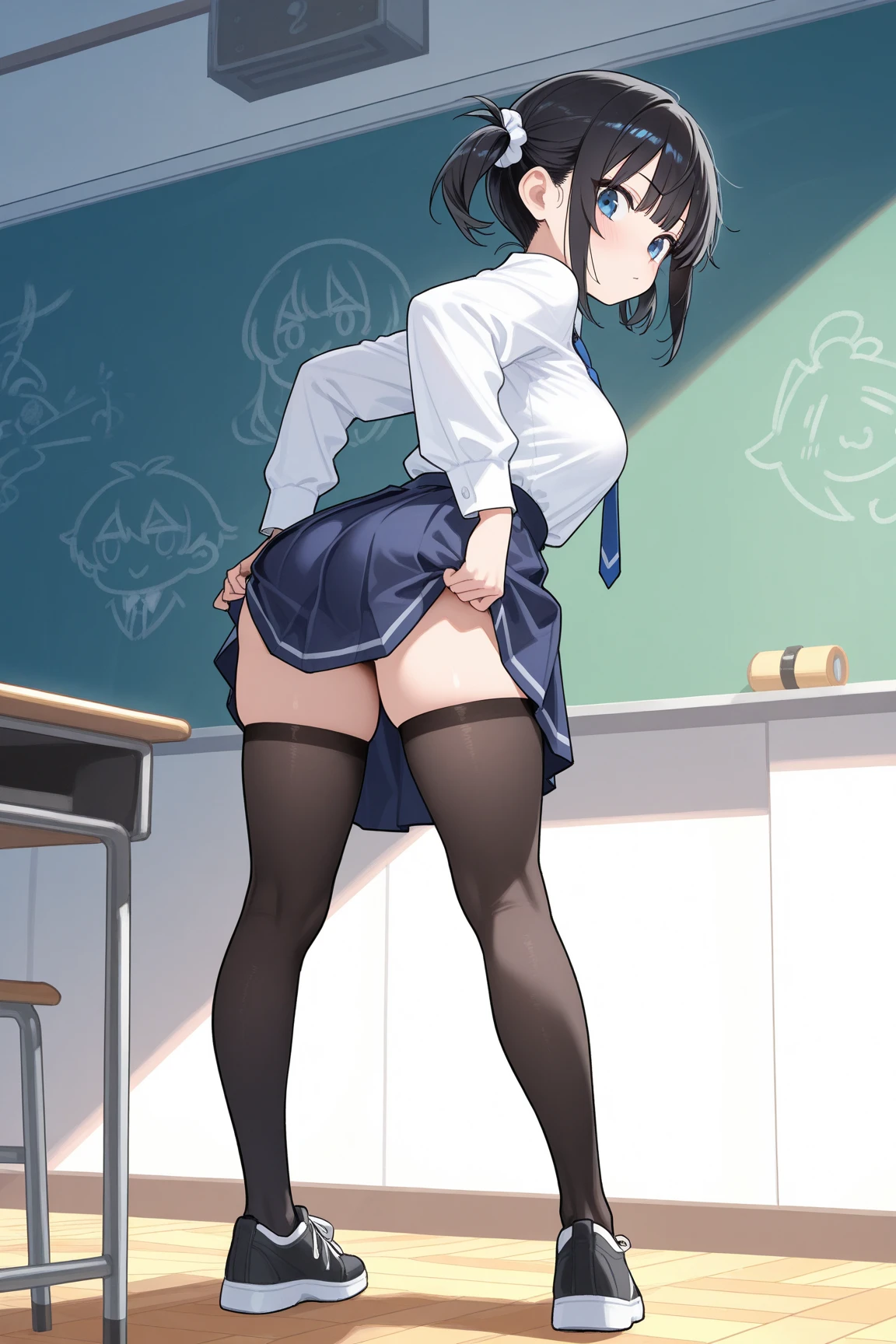 score_9, score_8_up, score_7_up, score_9, source_anime, BREAK MakizeninSDXL, 1girl, solo, breasts, looking at viewer, smile, short hair, bangs, skirt, large breasts, long sleeves, closed mouth, , jacket, golden eyes, ponytail, boots, green hair, glasses, indoors, blue skirt, from below, backlighting, point of view from below, nsfw, sexy legs, big glutes, POV, sexy Legs, pink thong, micro thong, Big ass, Showing ass, Body bent over, crouched showing ass