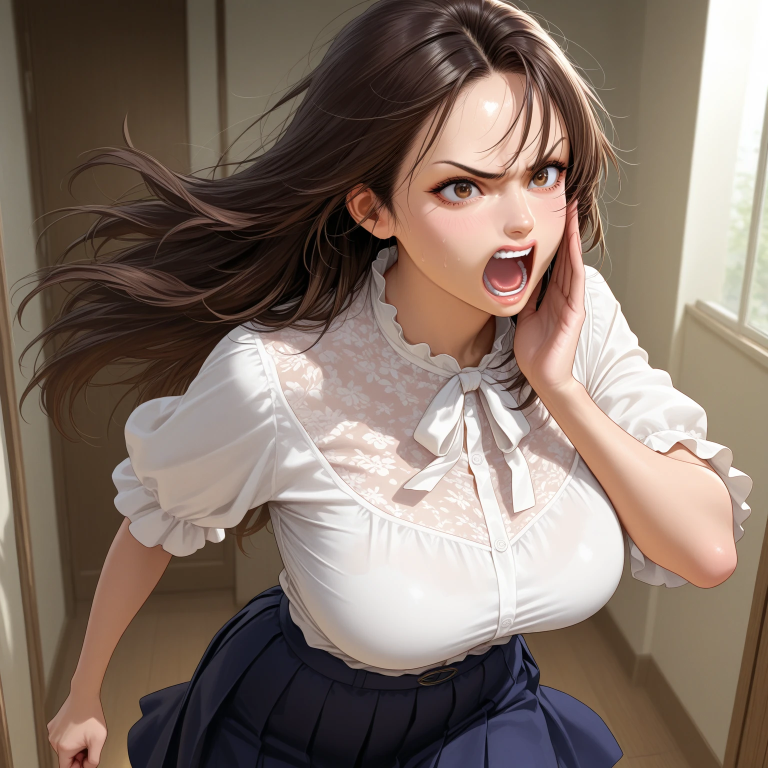 detailed illustration (side view),dynamic angle,ultra-detailed, detailed eyes, detailed face, 1girl, night , nightime, stars, 1940’s wife, tight and strained button up blouse and long skirt, anime eyes, lidded eyes, angry, standing in pool house, domestic goddess, black hair, huge breasts, wholesome yet sexy, motherly, nurturing, MILF, glass sliding door, moonscape outside, dark blue eyes, highly detailed eyes, detailed eyes, bright eyes, long hair, wavy hair, red lips, buttons straining, cleavage too big, gaps between buttons, chest busting out, mad, yelling at camera, pointing at camera, beautiful face, attractive face