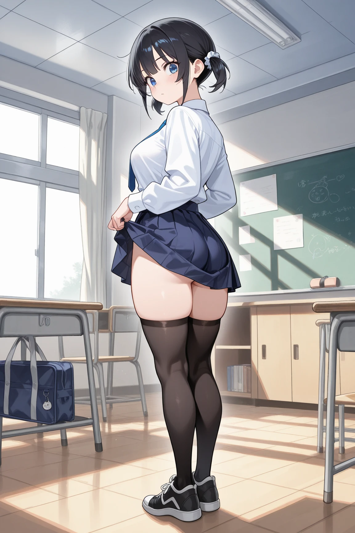 Anime Girl, Solo, Anatomically correct, Black short hair, Beautiful blue eyes, Shy, Innocent, Erotic, Blushing, Small breasts, Small waist, wide hips, juicy thighs, Great Ass, nice butt, Japanese  Schoolgirl Uniform, White shirt, Black skirt, Short skirt, Mini skirt, Lift her skirt, Exposing your buttocks, black thong, Sexy thong, exposed ass, exposed ass, Stockings, sports shoes, Show off her ass, Show her to the viewer, looking over her shoulder, Classroom background, 8K, Best Quality