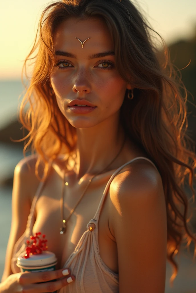 (masterpiece, photorealistic:1.4, extremely intricate:1.3, radiosity, photon mapping, dtx, 8K), ((((closeup necklace, white t-shirt, humid, black bra [small breasts:small breasts:1.0])), humid, [skin detail:freckles:0.1], natural, 25 year brunette, brown eyes, fitted supermodel), beach, ((sunset, shiny, clean)))
