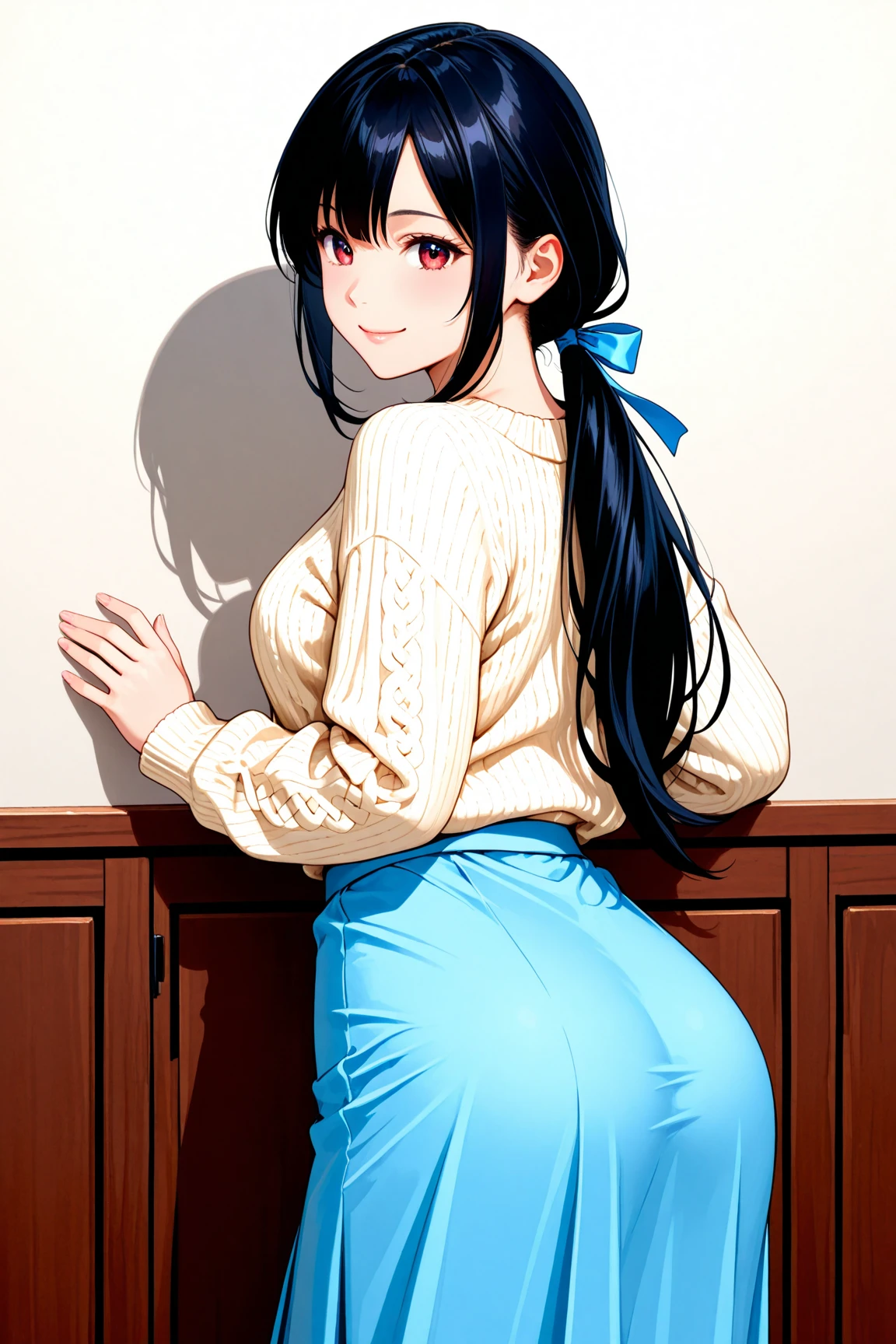 best quality, 1girl, masterpiece ultra detailed, illustration, yang guifei, glossy lips, indoors, standing, (short shorts, v-neck t-shirt), light smile, looking back at viewer