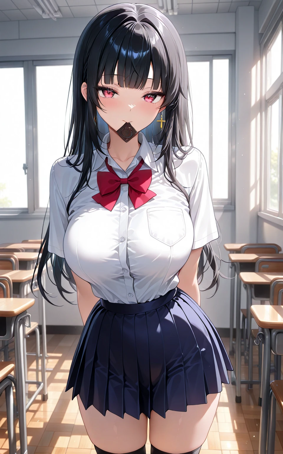 1girl, cowboy shot, classroom, 
komi_shouko, black eyes, black hair, long hair, , red bowtie, jacket, blazer, long sleeves, striped, pleated skirt, red skirt, black pantyhose,  best quality, masterpiece, highres, nude busty breasts , nipples showing, cleavage, sexy 