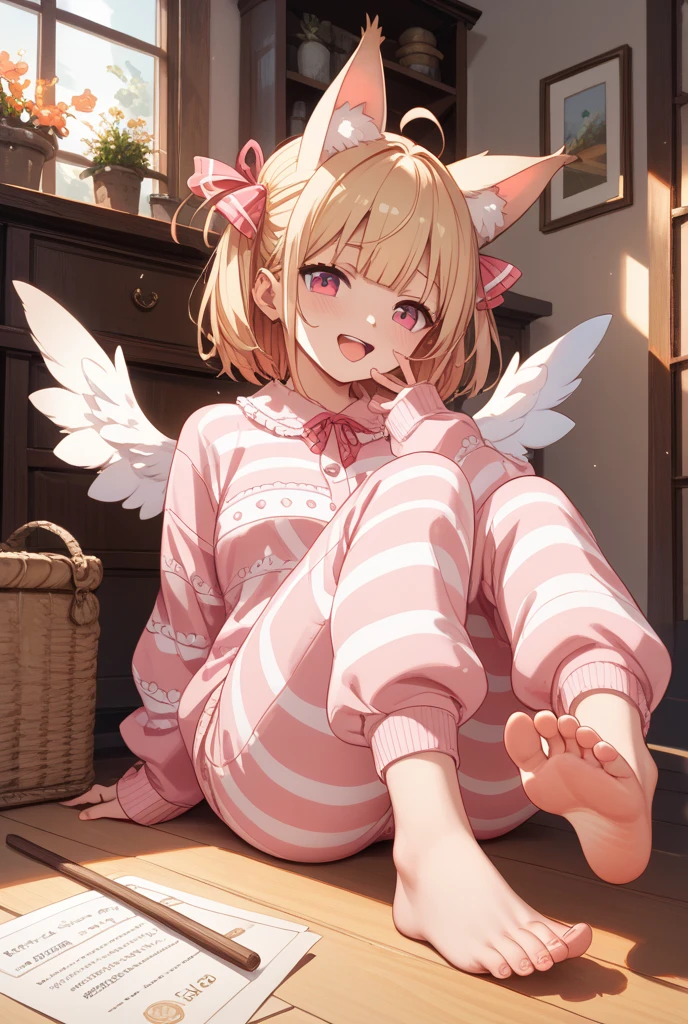Artistic Lines, Cute Young Anime Girl, Wearing Pink Opaque Nylon Sweater, With Short Silk Puffy Skirt. Sitting on bed, With Legs Crossed wearing ((clean white Pantyhose)), Green Eyes, (Happy Mouth opened with tongue out). (Pale Skin and face.) (One Hand Caressing her own leg) Curly Twin Tails Hair. Cat Ears And Tail. Angel Wings. Full-Body View. looking at viewer. ((No extra leg)). Solo girl. Pointed feet. Nsfw