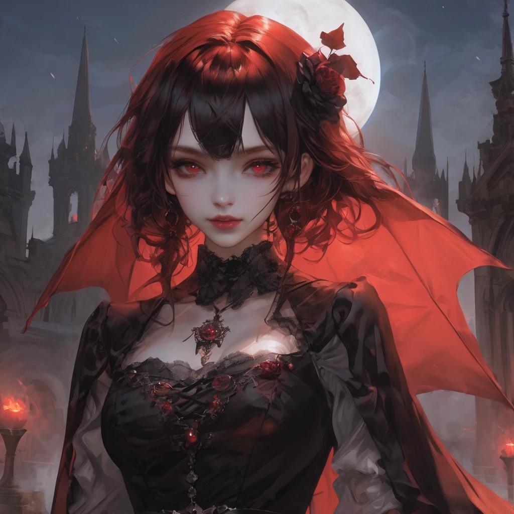 ,Face-only photo,Draw only the face,Look up,Face shot,Midnight Cemetery、dawn、Red full moon、darkRedVampire、red and black bat、Red rain、Batware、Put on the bat、Bat Costume、Gothic Dress、Open your mouth、Licking my tongue、Vampire Fangs、Fascinating美しさ、Fascinating、Black Rose、skull、Red eyes、八重teeth、teeth、Unnaturally pale skin、Black gloves, (Blood splatter:1.5)