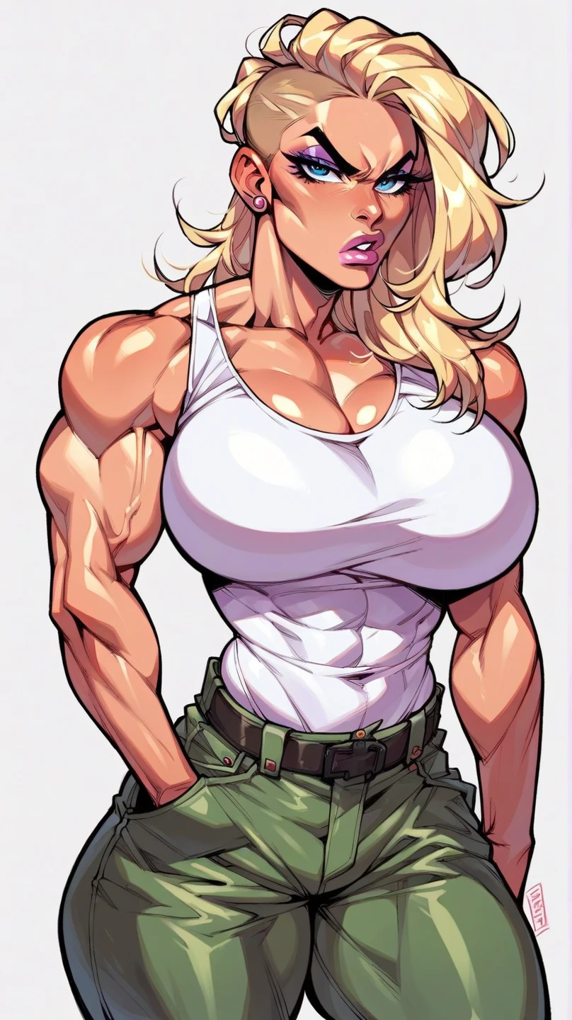 Masterpiece, highly detailed, high res, dynamic, A image of a woman in a white top and white pants, ((((Massive breasts)))), (muscular), ((((huge muscles)))) fanart da coelhinha lola, commission for high resolution, CO Commission, Gwen Stacy, corpo perfeitamente sombreado, Emma Geada, Retrato de Emma Frost, Deusa loira, desenhado no estilo de artgerm, em roupas brancas, corpo perfeito sombreado realista, Betty Cooper, It's not artgerm style, ((((Massive breasts)))), (muscular), ((((huge muscles))))