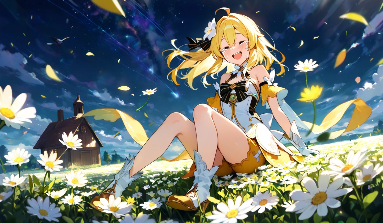 blond、young and beautiful woman、twin tails、Yellow ribbon hair accessory、clothing transparent、Skin Exposed、transparent panties、Correia、in this、へそ、boku