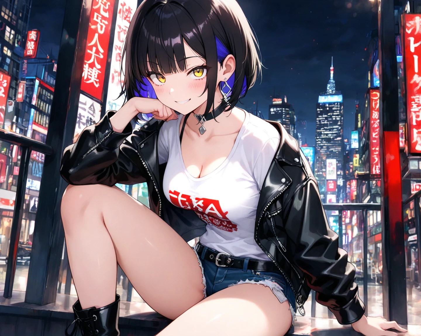 Masterpiece, high quality, best lighting, tokisaki kurumi, black hair, long hair, monochrome, ((right red eye:1, left yellow eye:1)), mini jeans, tattooed, anime girl with big boos sitting on a ledge in the city, seductive anime girl, oppai cyberpunk, cyberpunk anime girl in hoodie, beautiful anime girl squatting, attractive anime girl, cyberpunk anime girl, the anime girl is crouching, ecchi anime style, an anime girl, anime moe artstyle