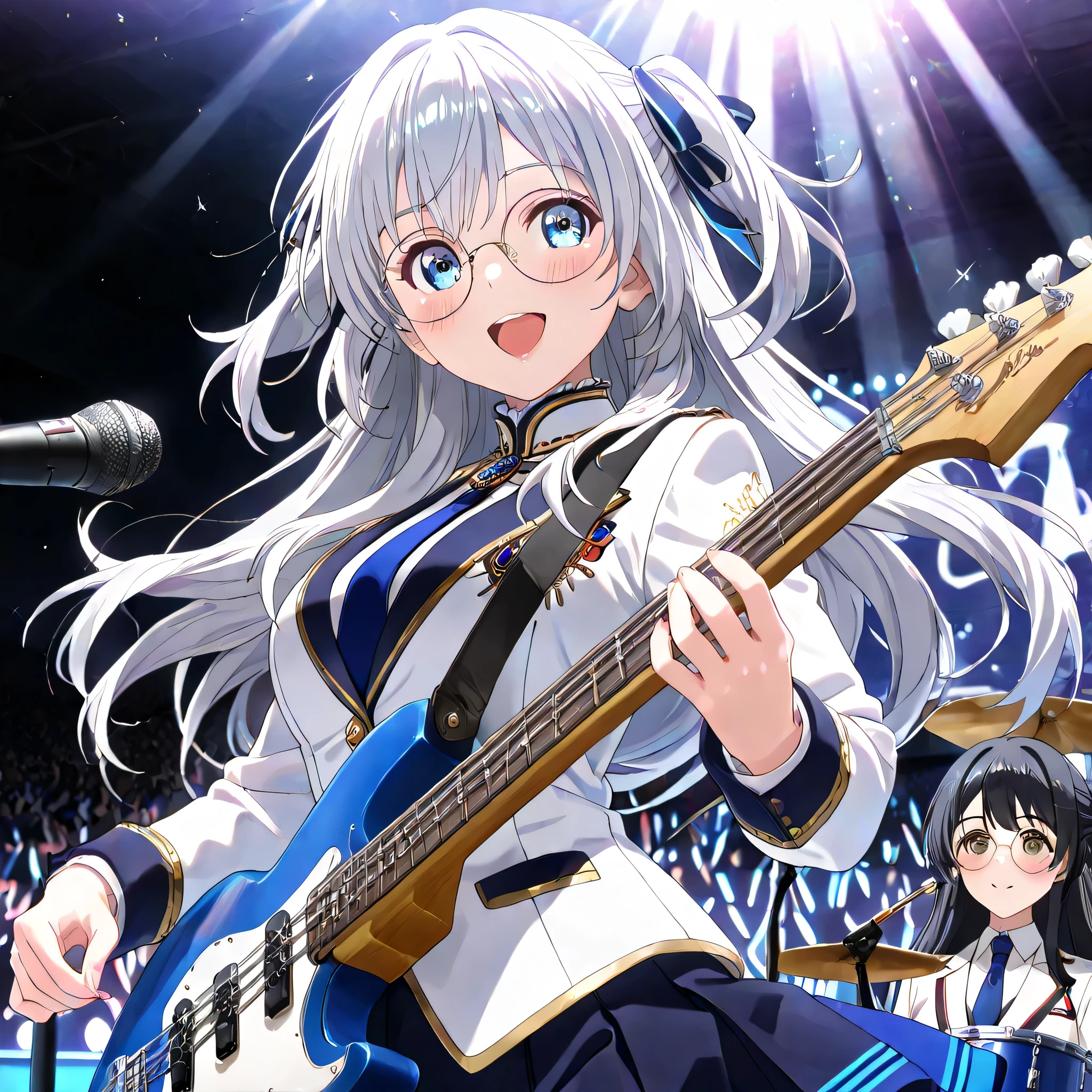 ((ultra-detailed)), (highly detailed CG illustration), (best quality:1.2), ultra-highly detailed, colorful composition, artistic photoshoot, 2girls, duo focus, Yuri:1.3, back-to-back:1.4, upper body:1.2, cowboy shot, moe anime character, on idol stage, playing_instrument, round face, rounded chin:1.2, short stature, white fitted jacket, metallic silver trim, dark navy blue accents, shoulders and sleeves detail, elaborate gold embellishments, ornate collar, ornate shoulder details, long sleeves, dark cuffs, blue criss-cross ribbons, tied into bows, upper arms, two ornate metallic medallions, hanging from waist, dark blue straps, blue necktie, standing collar, pleated skirt, layered navy panels, bright blue panels, subtle gradient, symmetrical silver and blue patterns on back, crest-like design, ceremonial outfit, high-tech aesthetic, smooth textures, glossy materials, high detail, thick eyebrows, brown eyes, sagging eyes, black hair:1.3, long hair, half updo, (wearing glasses:1.3), (round eyewear:1.3), half updo, electric_guitar, singing in the live venue:1.4, blue eyes:1.3, sagging eyes:1.3, silver hair:1.3, long hair, two side up, hair ribbon with black, ample breasts, smile1.3, blush, electric_bass, enthusiastic audience, shoot from below, dynamic pose, contrapposto pose, best quality, masterpiece, expecting, pink cheek, pink lips, portrait, depth of field, shining lighting, sidelighting, shine, caustics, ray tracing, perfect face, lustrous skin, highly detailed face, highly detailed eyes, perfect face, perfect nose, perfect hair, perfect eyes, perfect anatomy, beautiful hair, beautiful small face, extremely detailed face, beautiful detailed eyes, beautiful clavicle, beautiful body, beautiful breasts, leavage, beautiful thin thighs, beautiful legs, beautiful fingers, 4 fingers, 1 thumb, lovely, (very detailed background:1.0), (highly detailed background:1.0), intricate details, enthusiastic atmosphere, colorful and sparkling colors palette, chromatic aberration