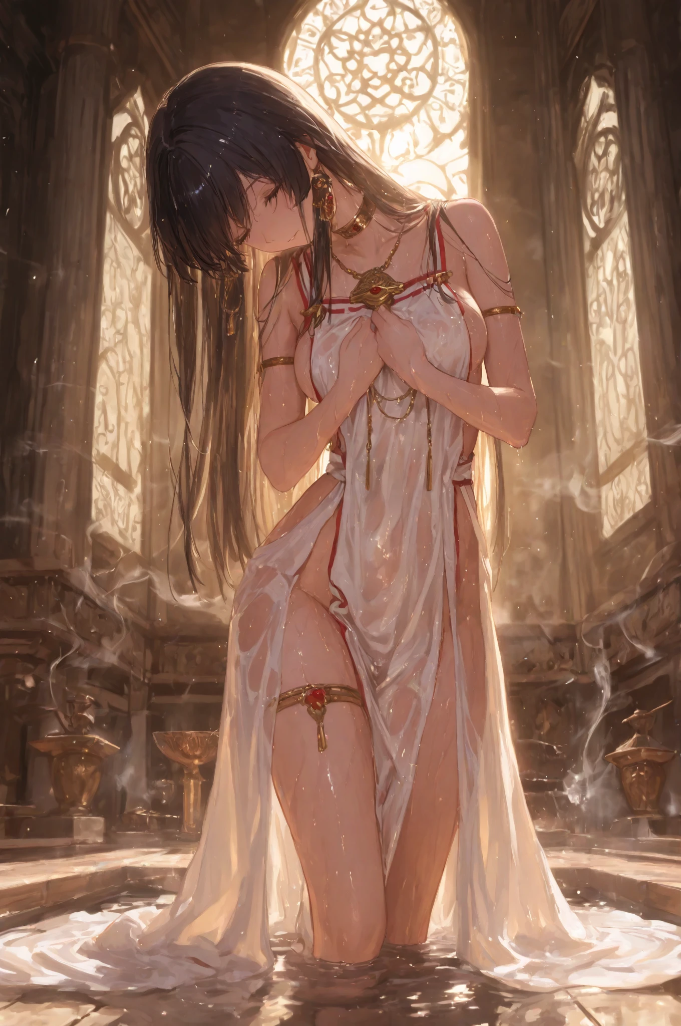 {(watercolor image:1.4),(renaissance style:1.2)}, BREAK, {(erotic face:1.1),anguish,scream,(very very ecstasy:1.2),(writhing:1.4)},embarrassing,half open eye},{(very obscene pose:1.2),(arched back:1.2),(arch one's head:1.4),arms behind}, {(red fundoshi:1.2), (wet clothes:1.4)}, BREAK, {(many Chains from all sides:1.4),(chains around the body:1.2), {(crotch chain shibari:1.2),(chain shibari:1.3),(chain bondage), (chain restraint),(chain bind limbs),(chain bind body),(chain in collar)):1.2, confinement, shackles}, BREAK, {(1 woman, small breasts), braid hair intricately},dynamic side view, {(dark church glowing stained glass:1.2)},BREAK,{glowing big tears,(yellow glowing eyes),extremely detail hair, (pure white skin:1.1)}