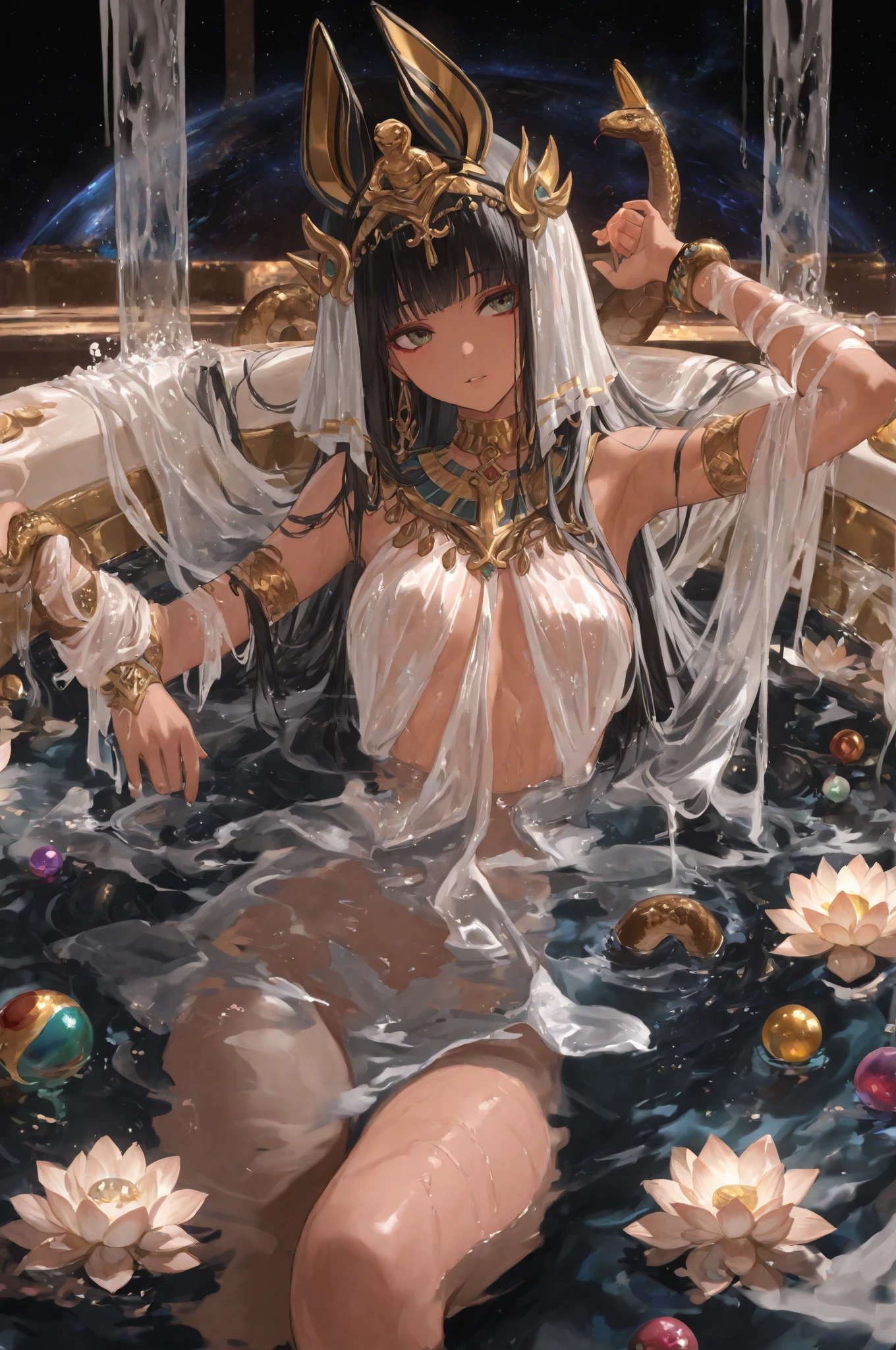 A famous scene that can be depicted is Cleopatra taking a milk bath, as said in legend.
The image may show the queen in a luxurious setting, surrounded by servants and containers of milk.